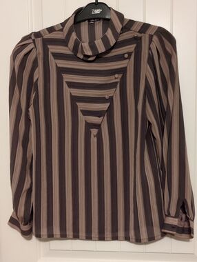 Brown Striped High-Neck Button-Accent Women's Blouse